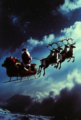 Santa flying over snowy landscape