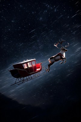 Reindeer flying through starry night