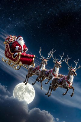 Santa claus flying over moonlit night