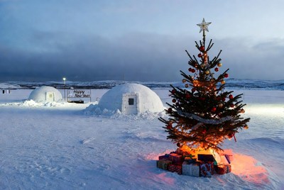 Festive igloo scene at twilight