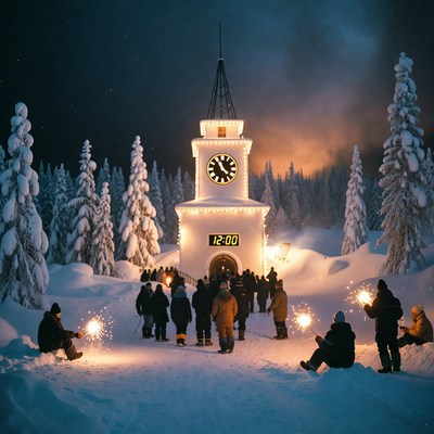 Midnight celebration in snowy forest