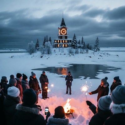 Winter fest with sparklers in snow