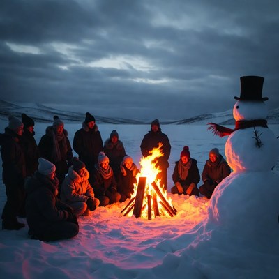 Gathering around fire in winter