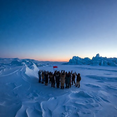 Group celebrates at snowy landscape