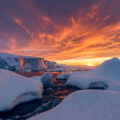 Winter sunset over icy landscape