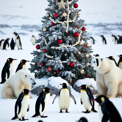 Christmas scene with polar bears and penguins