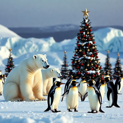 Polar bears and penguins celebrate together