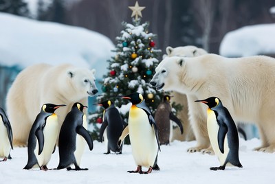 Penguins and polar bears at winter scene