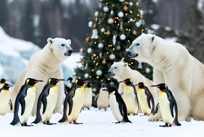 Polar bears with penguins by tree