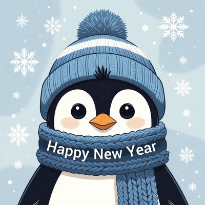Cheerful penguin celebrates new year
