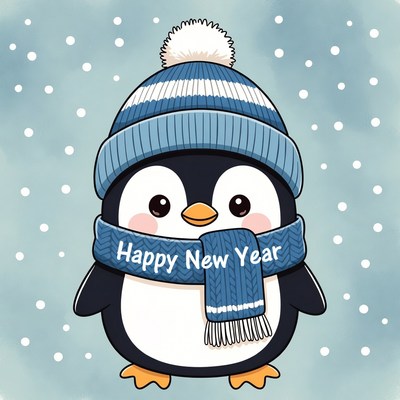 Cute penguin celebrates new year