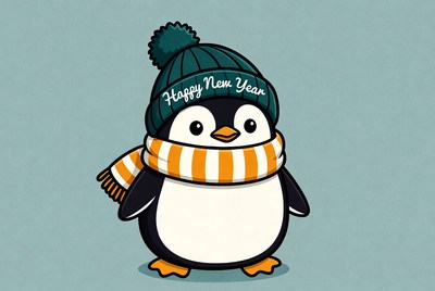 Cute penguin in winter attire celebrating