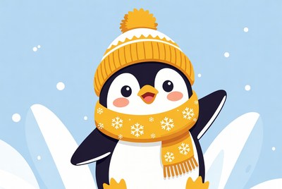 Happy penguin in winter attire