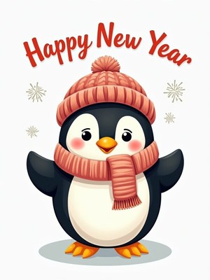 Cheerful penguin wishes for new year