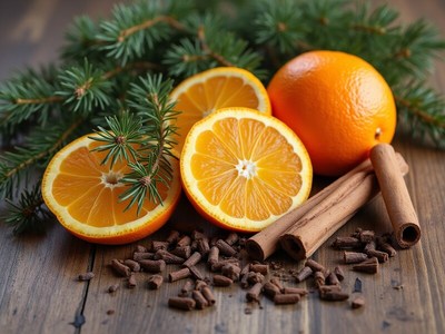 Fresh oranges and spices arrangement