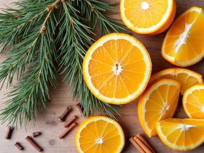 Fresh oranges and pine branches