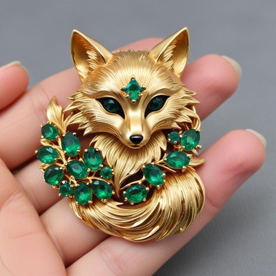 Elegant fox brooch with emerald accents