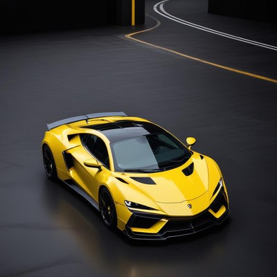 Sleek yellow sports car on dark road