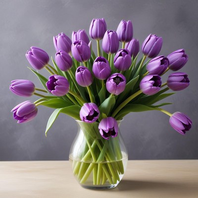 Vibrant purple tulips in glass vase