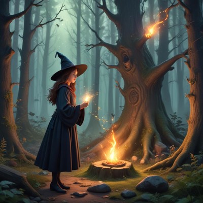 Enchanting forest witch casting spells