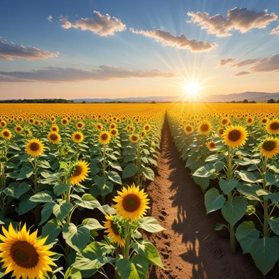 Sunflower field at sunset golden hour