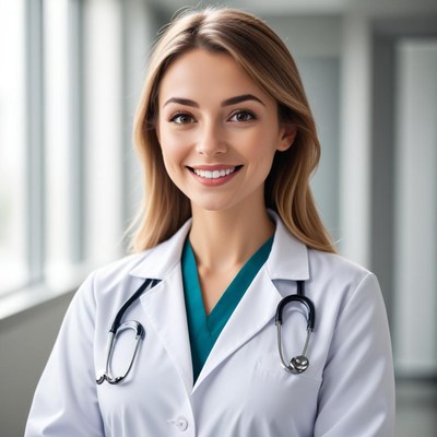 Smiling doctor in hospital hallway