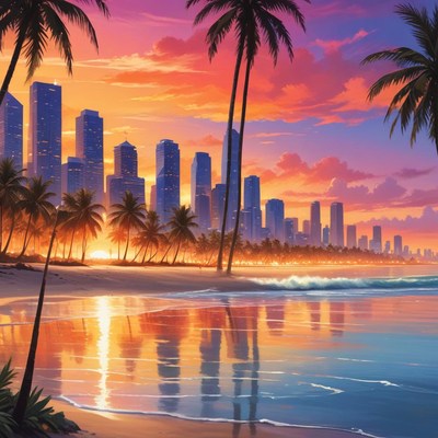 Sunset over city skyline with palm trees