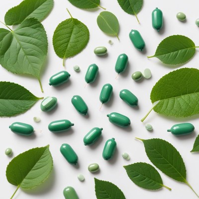 Green capsules and leaves scattered