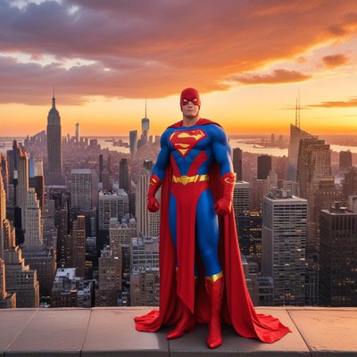 Superhero overlooking city skyline at sunset