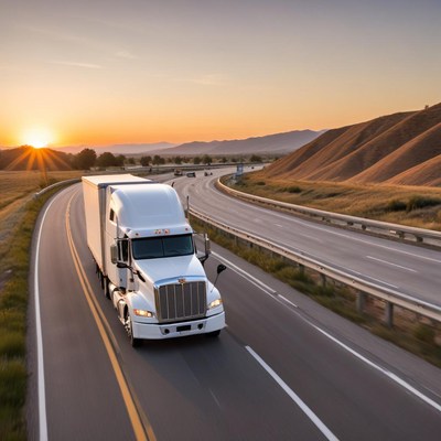 Truck driving at sunset on highway