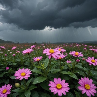 Bright flowers with dark clouds above