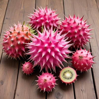 Vibrant spiky fruits on wooden surface