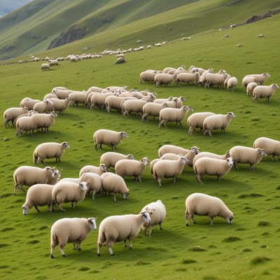 Herd of sheep grazing in green pasture