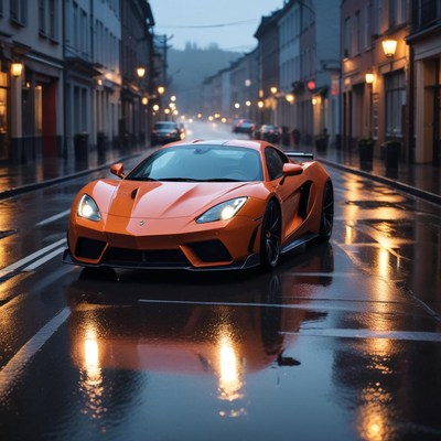 Luxury sports car in rainy street