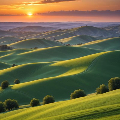 Rolling green hills at sunset