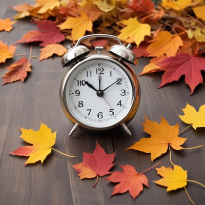 Vintage clock with autumn leaves