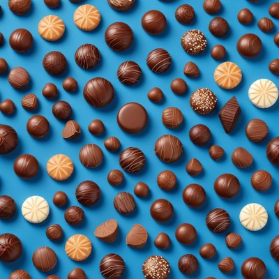 Chocolate assortment on blue background