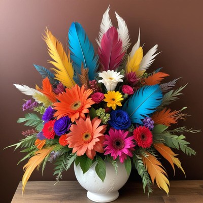 Colorful floral arrangement with feathers