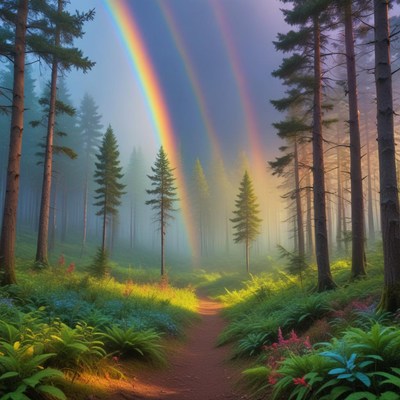 Colorful rainbow in a misty forest