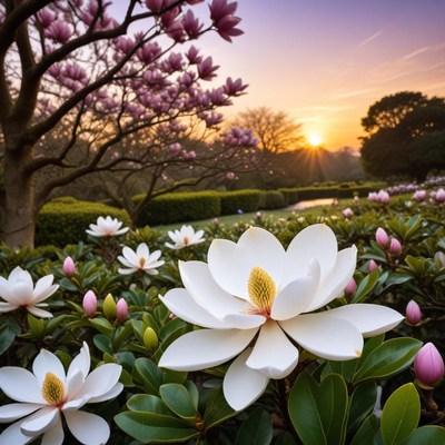 Magnolia blossoms at sunset in a park