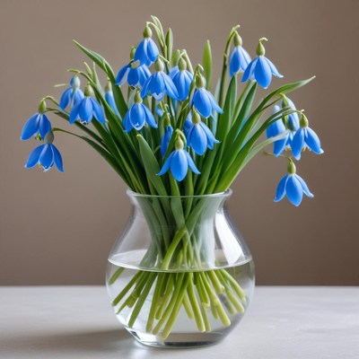 Fresh blue snowdrops in a clear vase