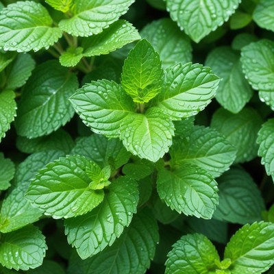 Fresh mint leaves with raindrops