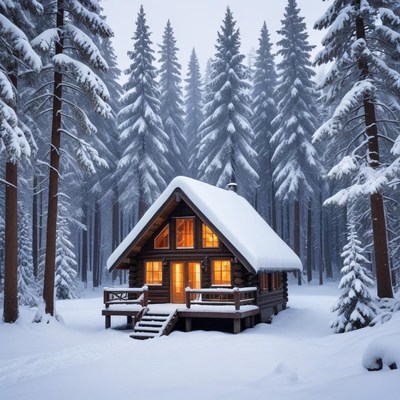 Cozy cabin in snowy woods
