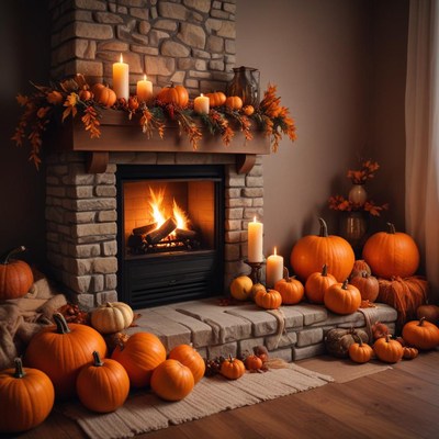Cozy autumn fireplace decor with pumpkins