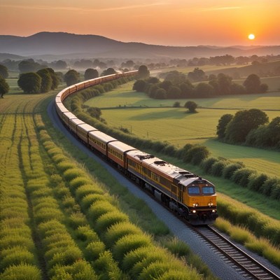 Train winding through green landscape