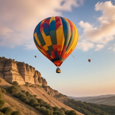 Colorful hot air balloons over hills