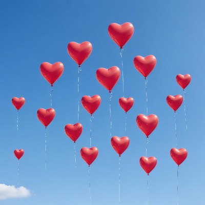 Heart-shaped balloons in the sky