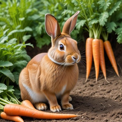 Rabbit sitting beside fresh carrots
