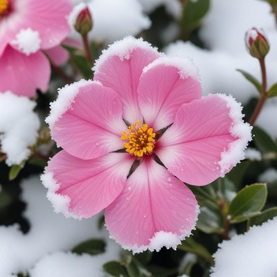 Pink flower covered in snow