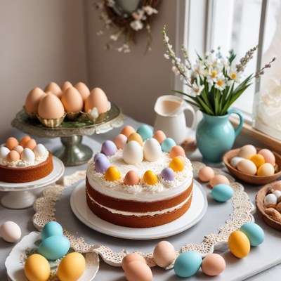 Festive easter cake display with eggs